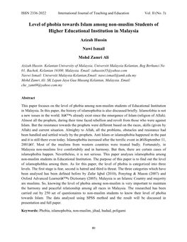 Level of Phobia Towards Islam Among Non-Muslim Students of Higher Educational Institution in Malaysia