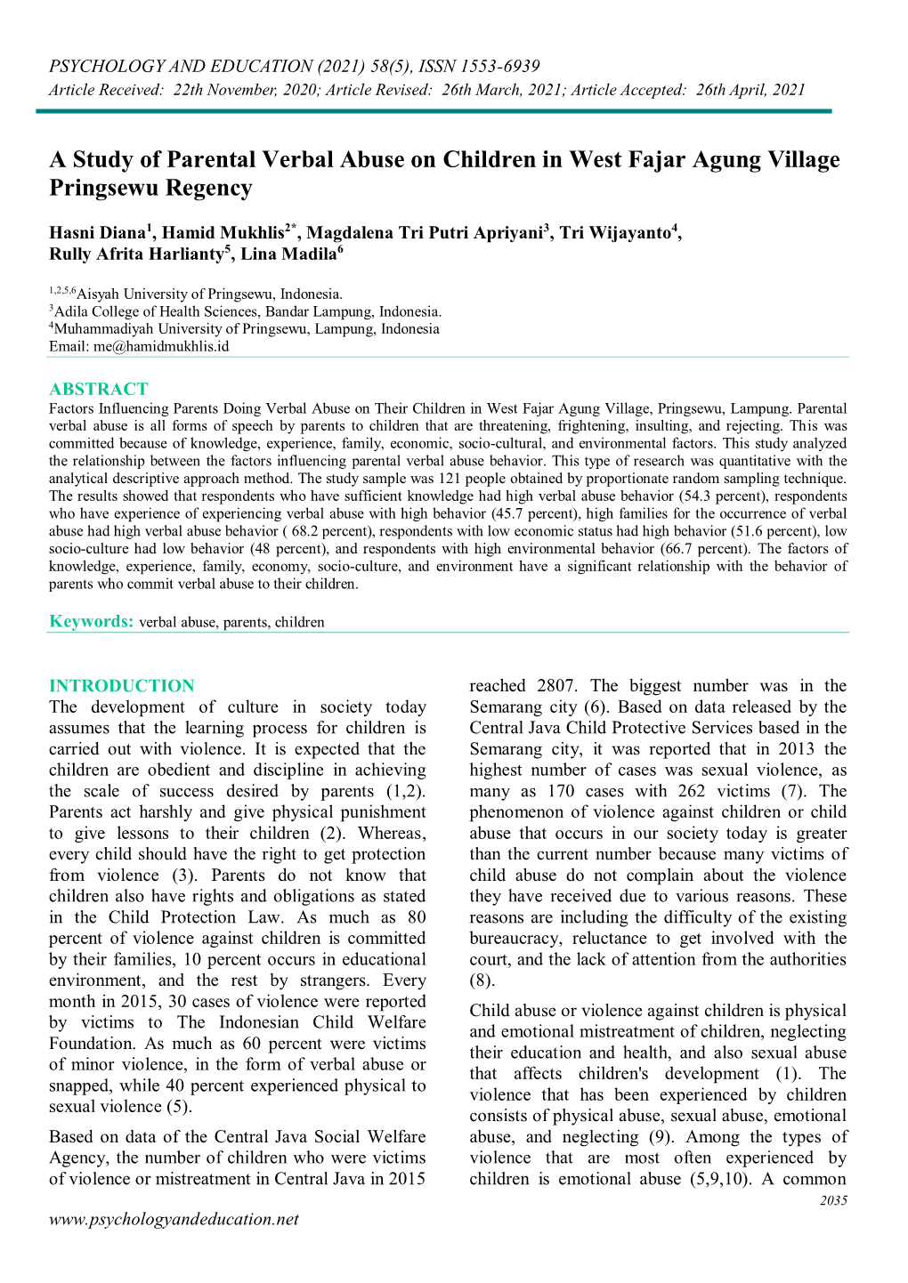 A Study of Parental Verbal Abuse on Children in West Fajar Agung Village Pringsewu Regency