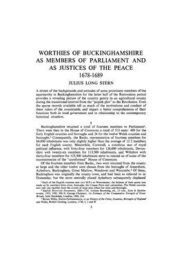Worthies of Buckinghamshire As Members of Parliament and As Justices of the Peace 1678-1689 Julius Long Stern