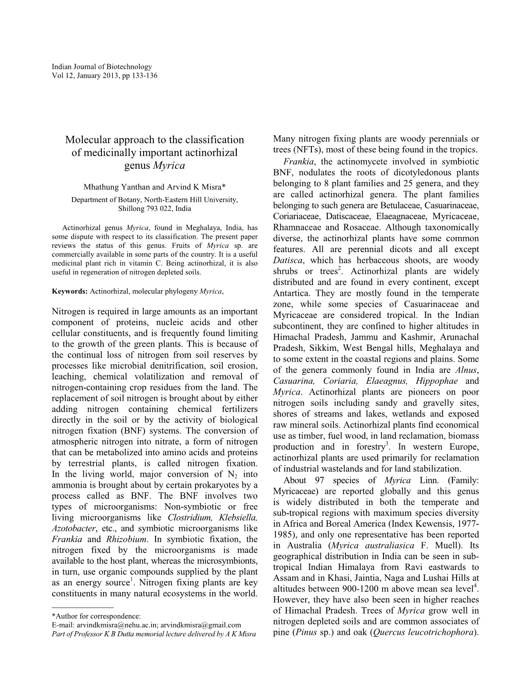 Molecular Approach to the Classification of Medicinally Important Actinorhizal Genus Myrica