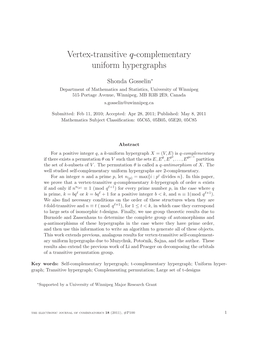 Vertex-Transitive Q-Complementary Uniform Hypergraphs