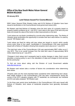 30 January 2014 Land Values Issued for Cooma-Monaro