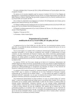 Proposición De Ley Foral De Modificación De La Ley Foral 9/2005, De 6 De Julio, Del Taxi