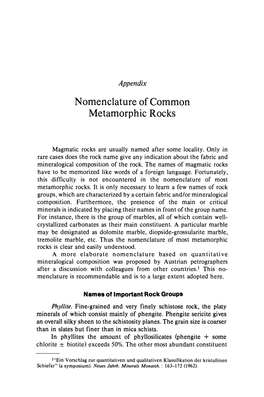 Nomenclature of Common Metamorphic Rocks