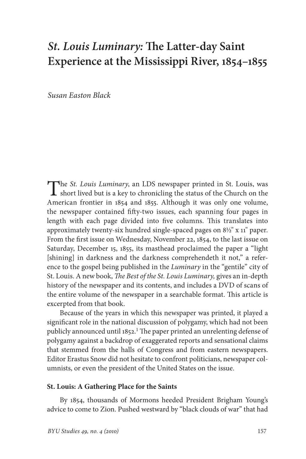 St. Louis Luminary: the Latter-Day Saint Experience at the Mississippi River, 1854–1855