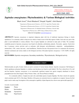 Sapindus Emarginatus: Phytochemistry & Various Biological Activities