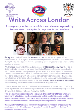 Write Across London a New Poetry Initiative to Celebrate and Encourage Writing from Across the Capital in Response to Coronavirus