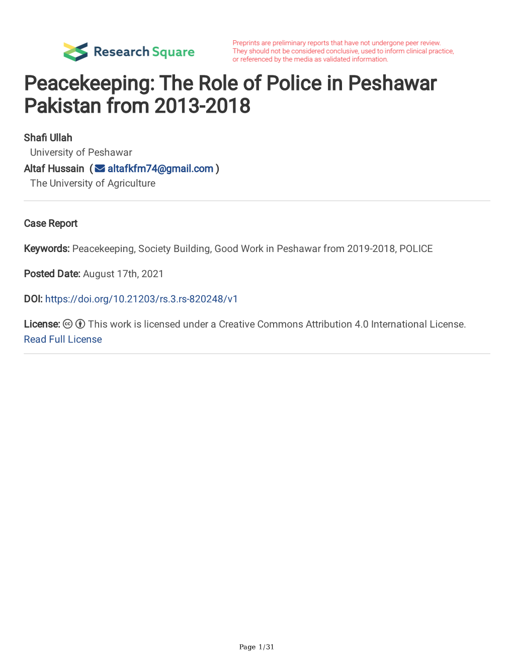 Peacekeeping: the Role of Police in Peshawar Pakistan from 2013-2018