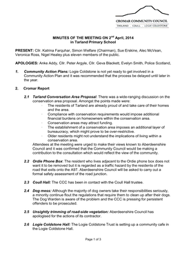 MINUTES of the MEETING on 2 April, 2014 in Tarland Primary