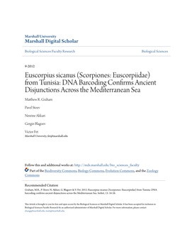 Euscorpius Sicanus (Scorpiones: Euscorpiidae) from Tunisia: DNA Barcoding Confirms Ancient Disjunctions Across the Mediterranean Sea Matthew R