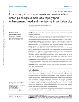 Low Vision, Visual Impairments and Metropolitan Urban Planning Open Access to Scientific and Medical Research DOI: 174006