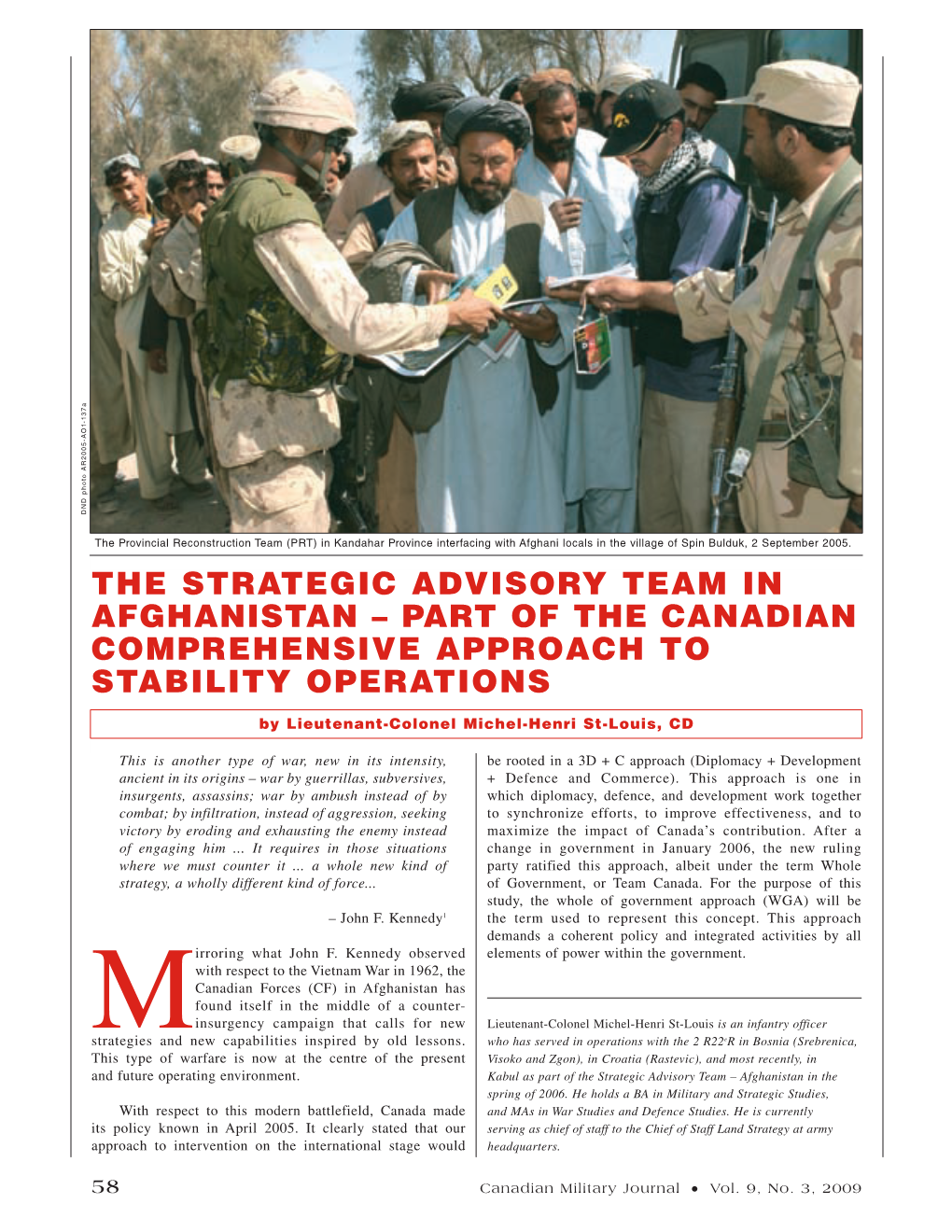 The Strategic Advisory Team in Afghanistan – Part of the Canadian