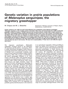 Genetic Variation in Prairie Populations of Melano Plus San Guinipes, the Migratory Grasshopper