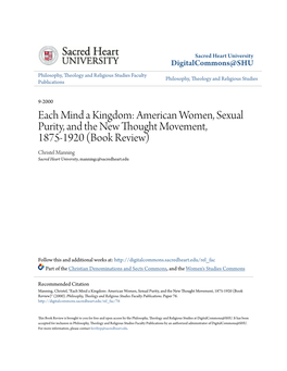 American Women, Sexual Purity, and the New Thought Movement, 1875-1920 (Book Review) Christel Manning Sacred Heart University, Manningc@Sacredheart.Edu