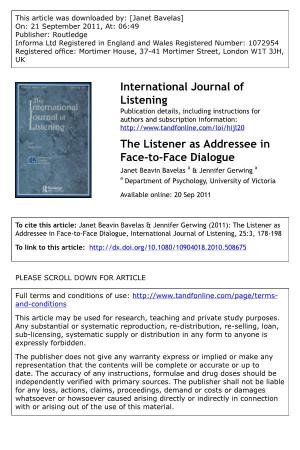 The Listener As Addressee in Face-To-Face Dialogue