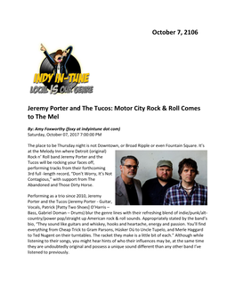 October 7, 2106 Jeremy Porter and the Tucos: Motor City Rock & Roll
