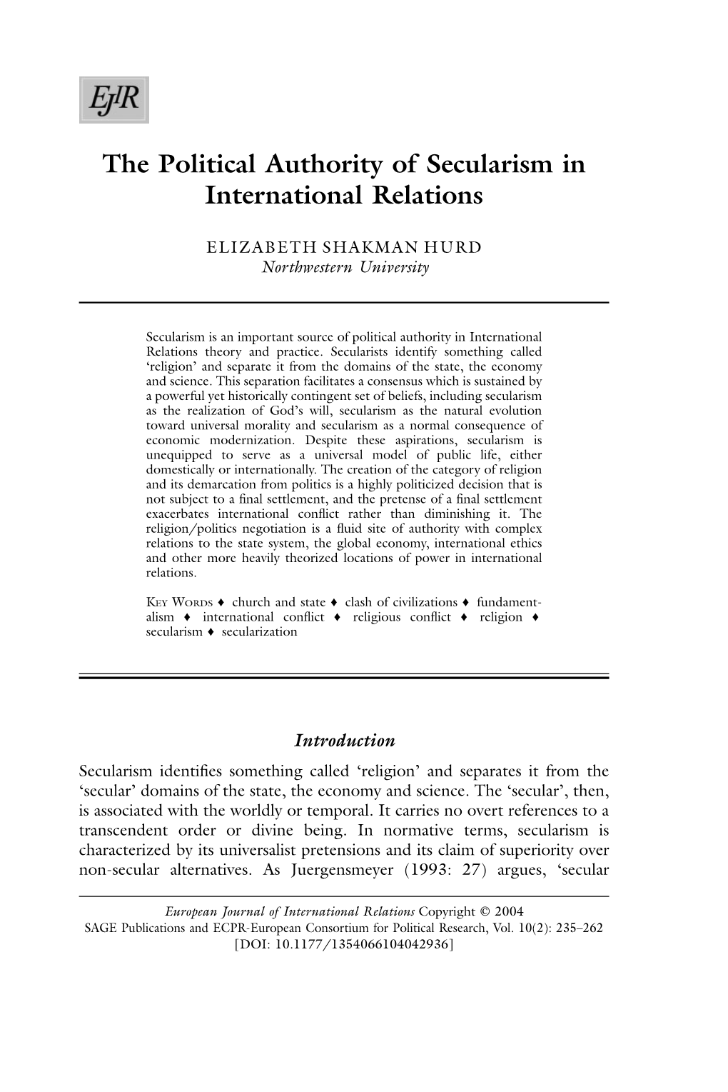 The Political Authority of Secularism in International Relations