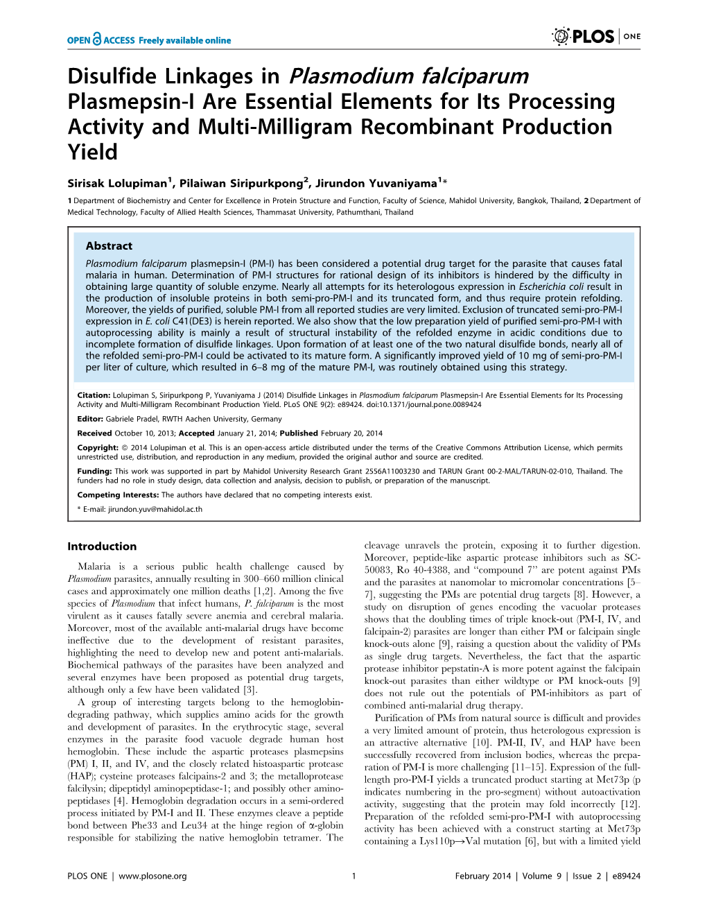 Disulfide Linkages in Plasmodium Falciparum Plasmepsin-I Are Essential Elements for Its Processing Activity and Multi-Milligram Recombinant Production Yield