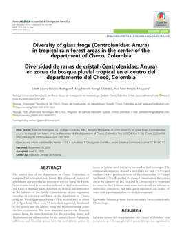 Diversity of Glass Frogs (Centrolenidae: Anura) in Tropical