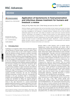 Application of Bacteriocins in Food Preservation and Infectious Disease Treatment for Humans and Cite This: RSC Adv., 2020, 10,38937 Livestock: a Review