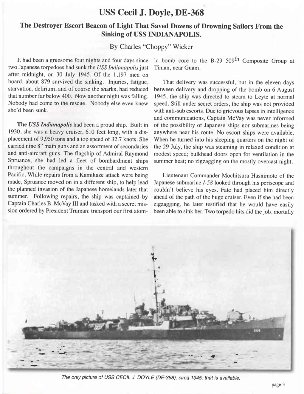 USS Cecil J. Doyle, DE-368 the Destroyer Escort Beacon of Light That Saved Dozens of Drowning Sailors from the Sinking of USS INDIANAPOLIS