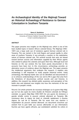 An Archaeological Identity of the Majimaji: Toward an Historical Archaeology of Resistance to German Colonization in Southern Tanzania