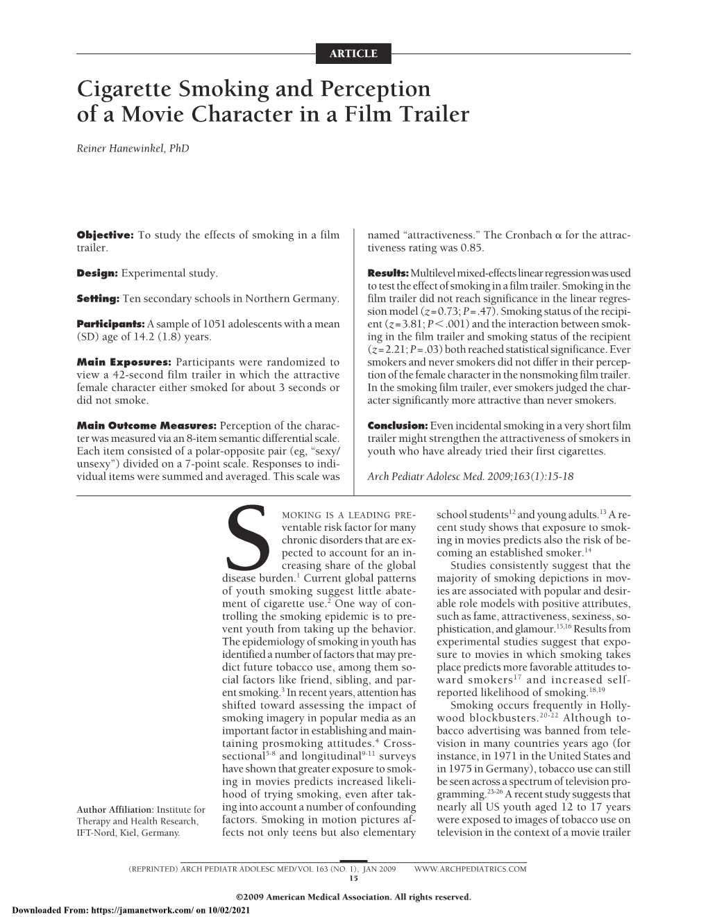 Cigarette Smoking and Perception of a Movie Character in a Film Trailer