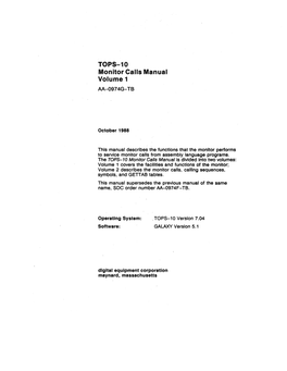 Tops-10 Monitor Calls Manual, Vol. 1