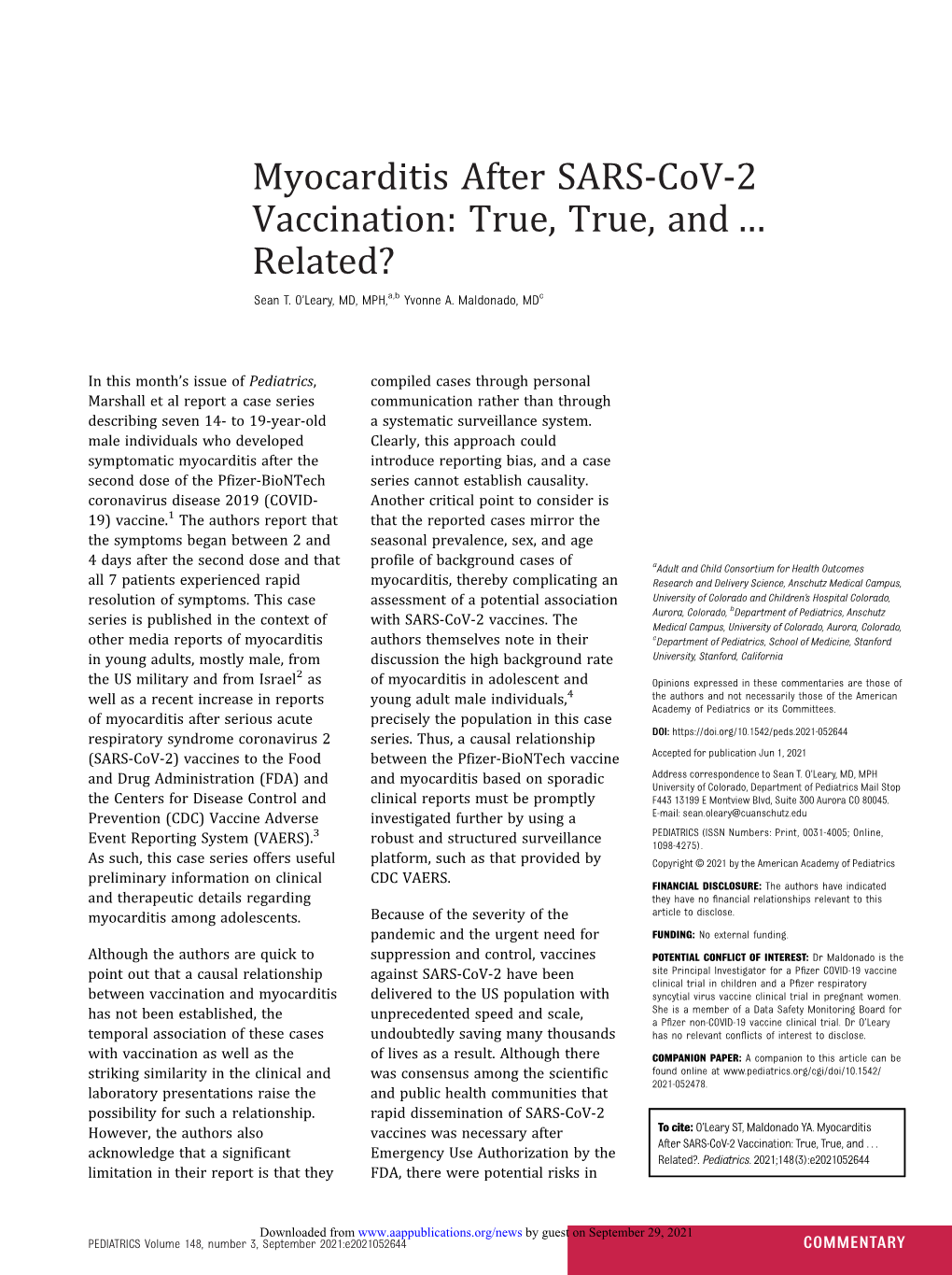 Myocarditis After SARS-Cov-2 Vaccination: True, True, and … Related? Sean T