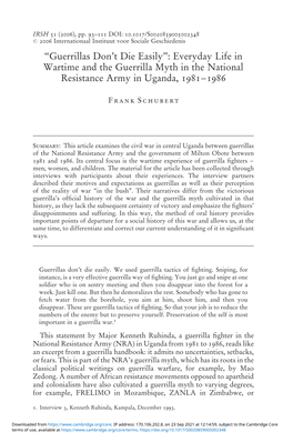Everyday Life in Wartime and the Guerrilla Myth in the National Resistance Army in Uganda, 1981–1986