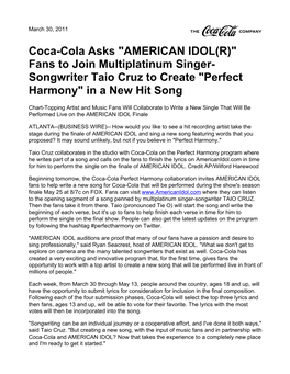 Coca-Cola Asks "AMERICAN IDOL(R)" Fans to Join Multiplatinum Singer- Songwriter Taio Cruz to Create "Perfect Harmony" in a New Hit Song