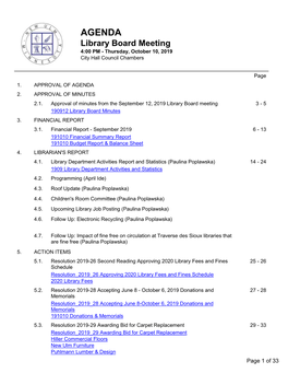 Library Board Meeting 4:00 PM - Thursday, October 10, 2019 City Hall Council Chambers