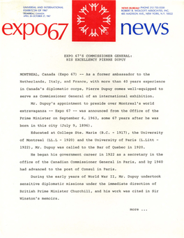 EXPO. 67' S COMMISSIONER GENERAL: HIS EXCELLENCY PIERRE DUPUY MONTREAL, Canada (Expo 67) -- As a Former Ambassador to the Nether