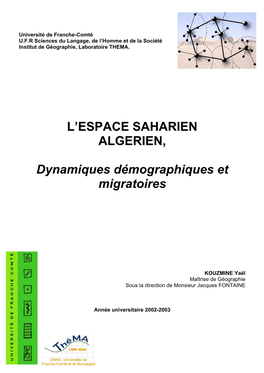 L'espace SAHARIEN ALGERIEN, Dynamiques Démographiques Et