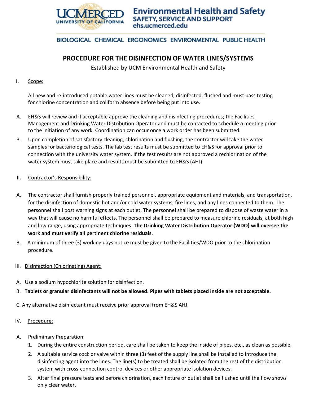 PROCEDURE for the DISINFECTION of WATER LINES/SYSTEMS Established by UCM Environmental Health and Safety