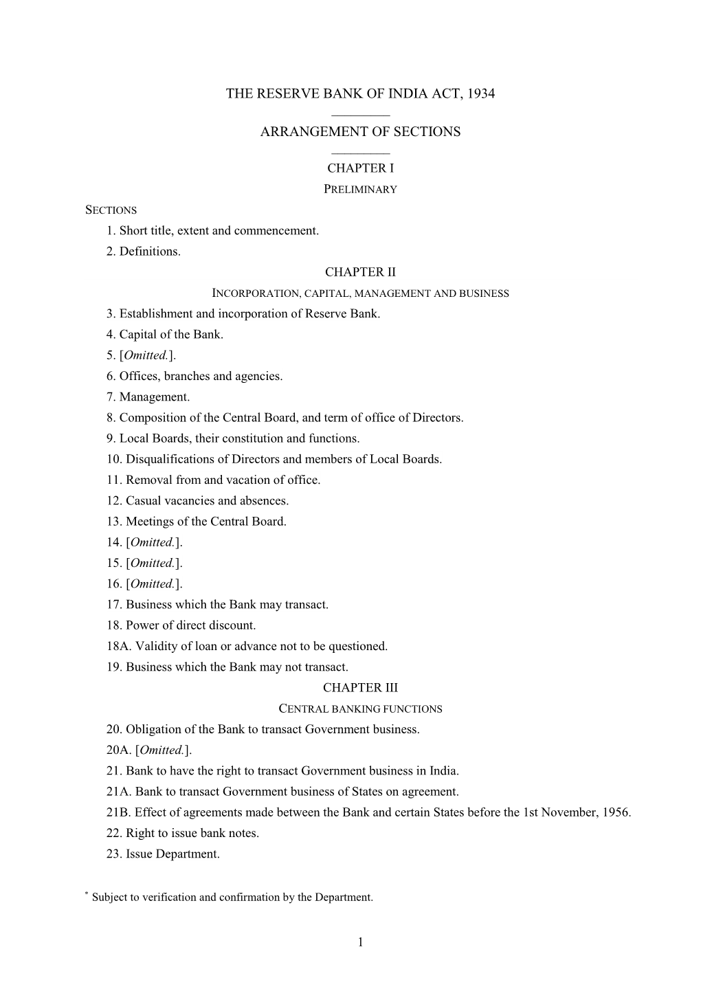 The Reserve Bank of India Act, 1934 Arrangement of Sections