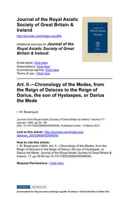 Art. II.—Chronology of the Medes, from the Reign of Deioces to the Reign of Darius, the Son of Hystaspes, Or Darius the Mede