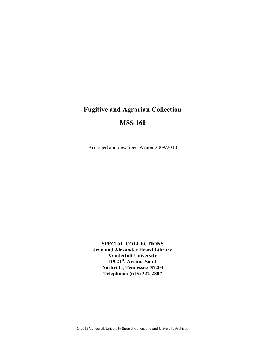 Fugitive Agrarian Collection
