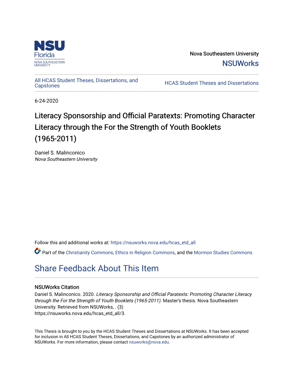 Promoting Character Literacy Through the for the Strength of Youth Booklets (1965-2011)