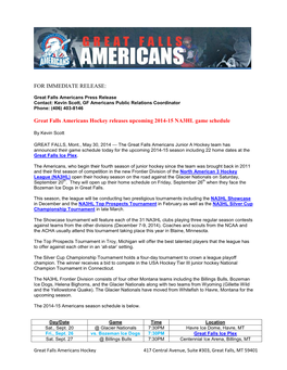 Great Falls Americans Hockey Releases Upcoming 2014-15 NA3HL Game Schedule