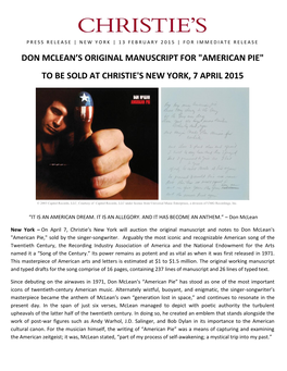 Don Mclean's Original Manuscript for "American Pie" to Be Sold at Christie's New York, 7 April 2015
