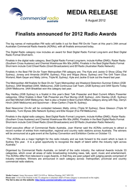 Commercial Radio Awards (Acras), with All Finalists Announced Today