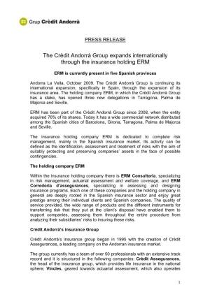 The Crèdit Andorrà Group Expands Internationally Through the Insurance Holding ERM
