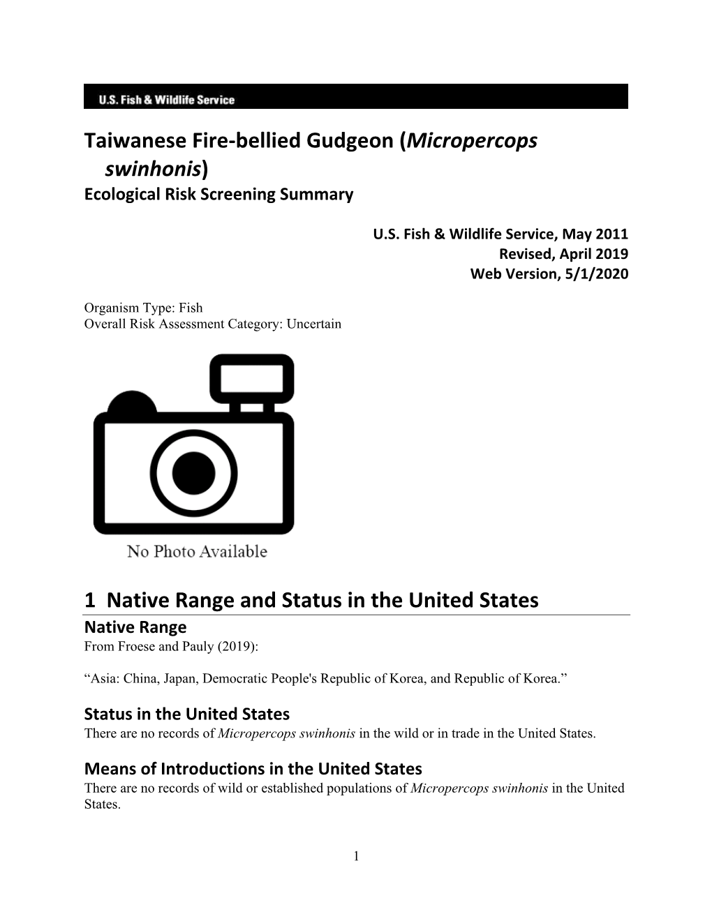 Micropercops Swinhonis) Ecological Risk Screening Summary