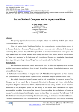 Indian National Congress Andits Impacts on Bihar
