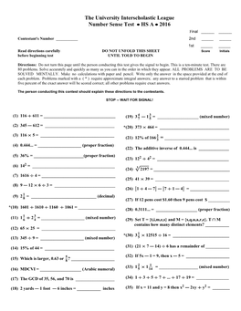 The University Interscholastic League Number Sense Test HS a 2016