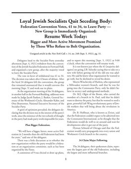Loyal Jewish Socialists Quit Seceding Body: Federation Convention