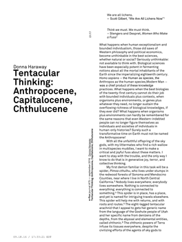 Tentacular Thinking: Anthropocene, Warming and Acidification of the Oceans from Capitalocene, Chthulucene,” in Donna J