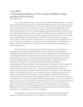 I Am Wild: an Ecofeminist Reading of Terry Tempest Williams's Refuge and Mary Oliver’S Poetry by Serenity Wood