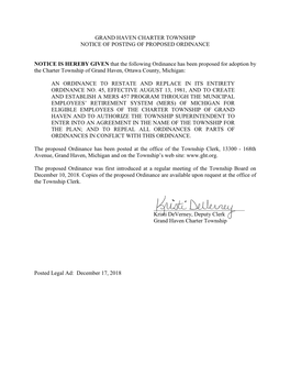 Grand Haven Charter Township Notice of Posting of Proposed Ordinance